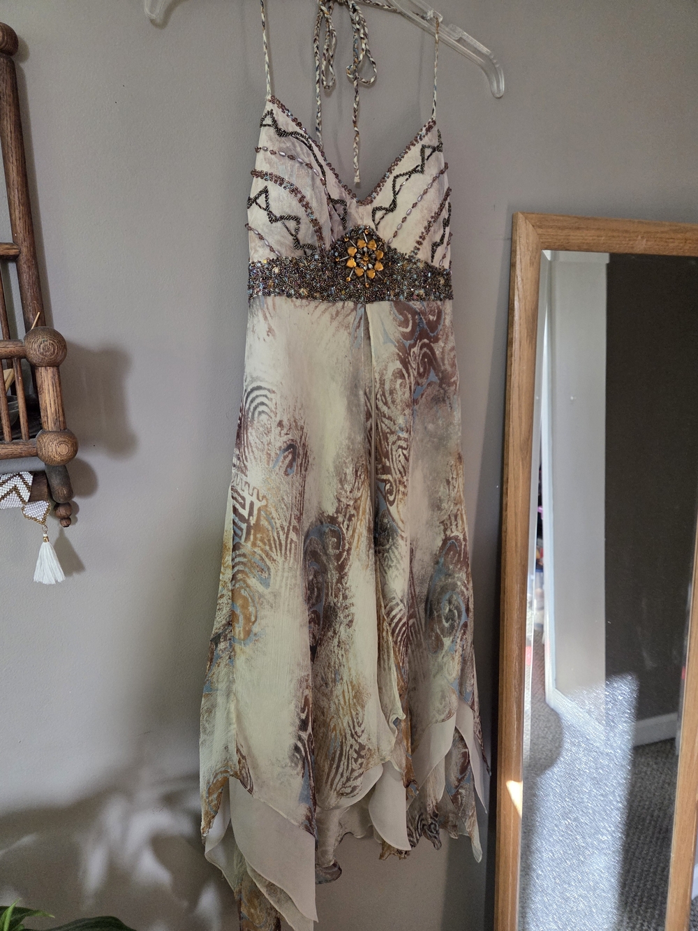 Sue Wong Ivory and Taupe Beaded Halter Midi Dress - Picture 3 of 16